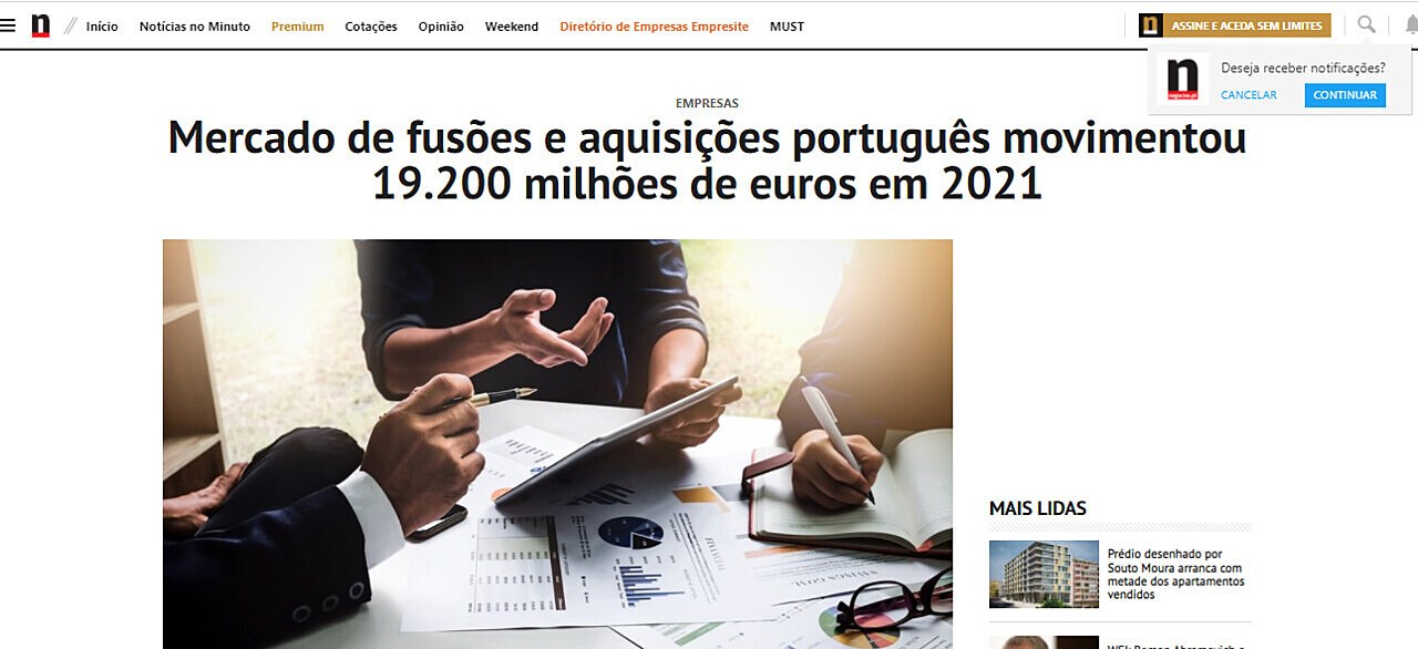Mercado de fuses e aquisies portugus movimentou 19.200 milhes de euros em 2021